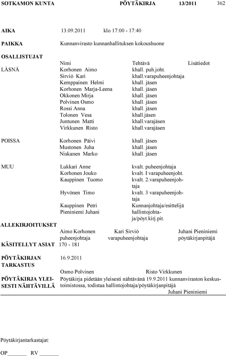 jäsen Juntunen Matti khall.varajäsen Virkkunen Risto khall.varajäsen POISSA Korhonen Päivi khall. jäsen Mustonen Juha khall. jäsen Niskanen Marko khall. jäsen MUU Lukkari Anne kvalt.