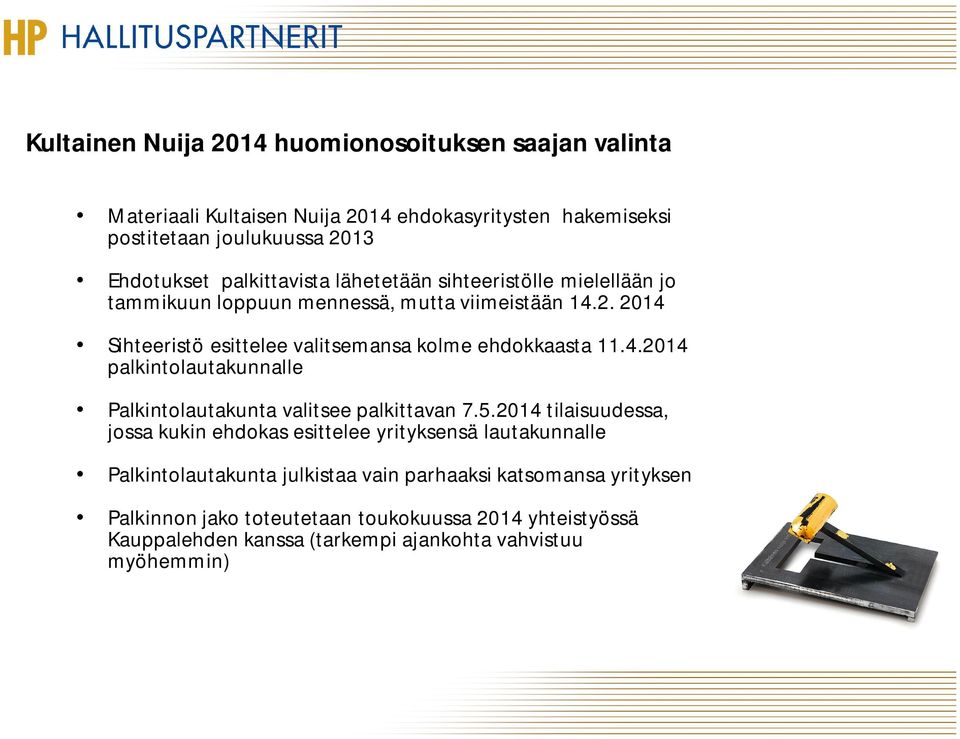 2014 Sihteeristö esittelee valitsemansa kolme ehdokkaasta 11.4.2014 palkintolautakunnalle Palkintolautakunta valitsee palkittavan 7.5.