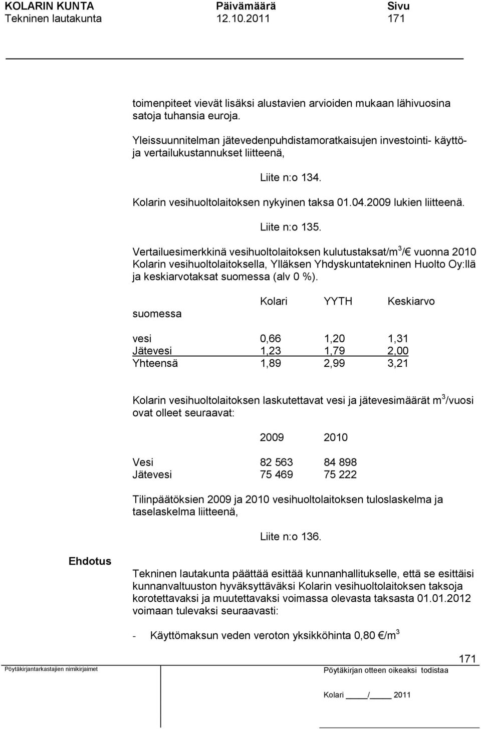 Liite n:o 135. Vertailuesimerkkinä vesihuoltolaitoksen kulutustaksat/m 3 / vuonna 2010 Kolarin vesihuoltolaitoksella, Ylläksen Yhdyskuntatekninen Huolto Oy:llä ja keskiarvotaksat suomessa (alv 0 %).