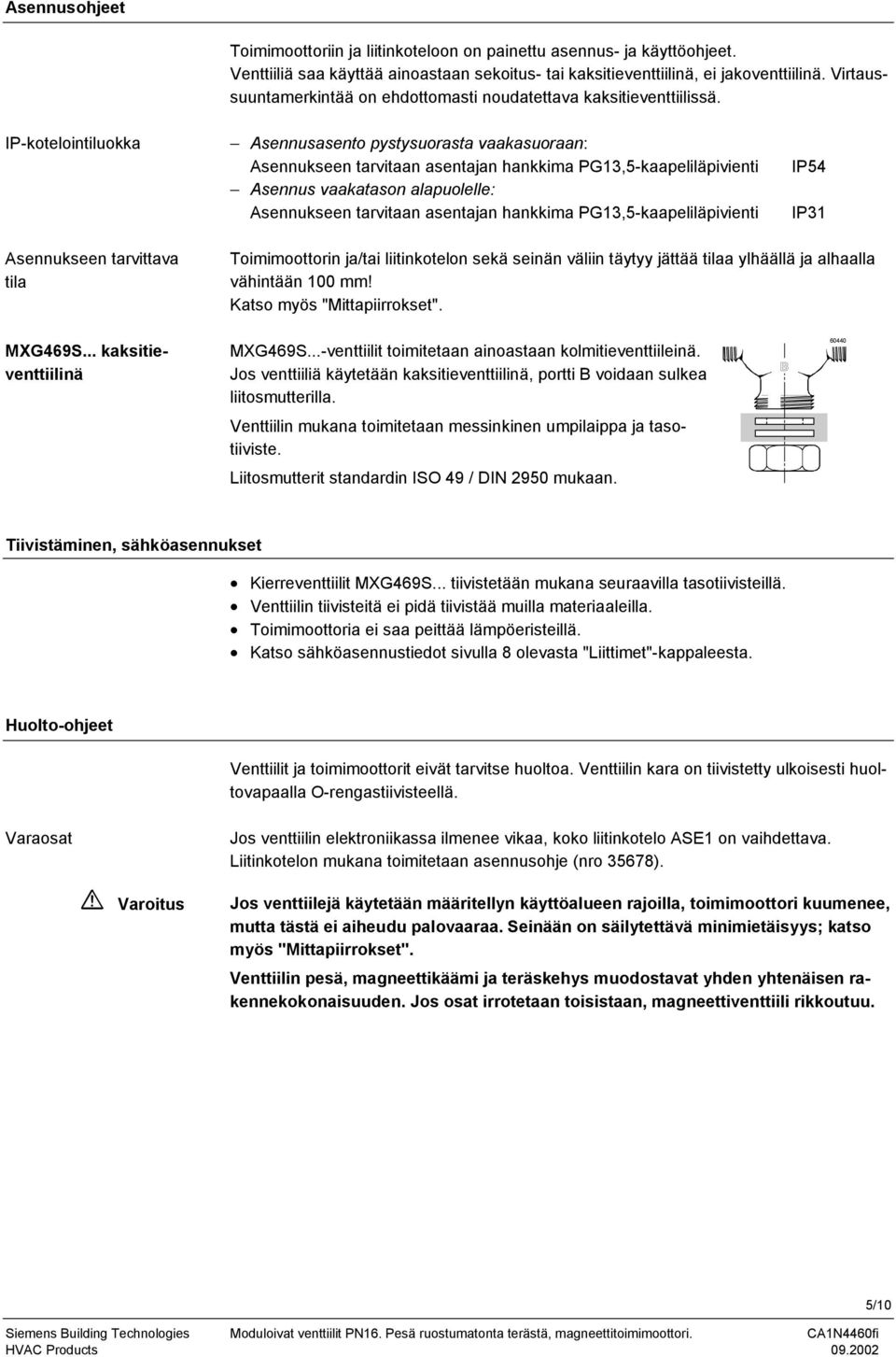 IP-kotelointiluokka Asennusasento pstsuorasta vaakasuoraan: Asennukseen tarvitaan asentajan hankkima PG13,5-kaapeliläpivienti Asennus vaakatason alapuolelle: Asennukseen tarvitaan asentajan hankkima