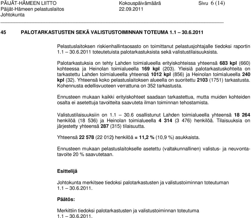 Palotarkastuksia on tehty Lahden toimialueella erityiskohteissa yhteensä 683 kpl (660) kohteessa ja Heinolan toimialueella 169 kpl (203).