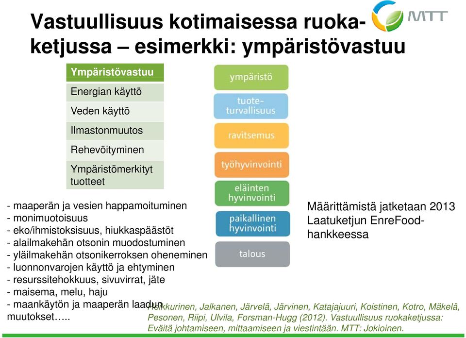 otsonikerroksen oheneminen - luonnonvarojen käyttö ja ehtyminen - resurssitehokkuus, sivuvirrat, jäte - maisema, melu, haju - maankäytön ja maaperän laadun muutokset.