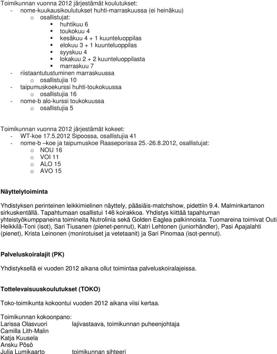 toukokuussa o osallistujia 5 Toimikunnan vuonna 2012 järjestämät kokeet: - WT-koe 17.5.2012 Sipoossa, osallistujia 41 - nome-b koe ja taipumuskoe Raaseporissa 25.-26.8.