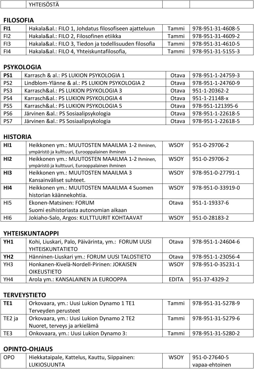 : PS LUKION PSYKOLOGIA 1 Otava 978-951-1-24759-3 PS2 Lindblom-Ylänne & al.: PS LUKION PSYKOLOGIA 2 Otava 978-951-1-24760-9 PS3 Karrasch&al.: PS LUKION PSYKOLOGIA 3 Otava 951-1-20362-2 PS4 Karrasch&al.