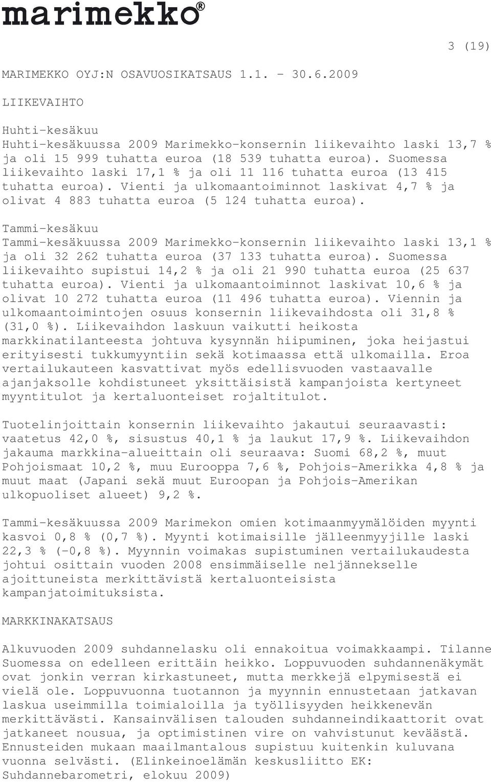 Tammi-kesäkuu Tammi-kesäkuussa 2009 Marimekko-konsernin liikevaihto laski 13,1 % ja oli 32 262 tuhatta euroa (37 133 tuhatta euroa).