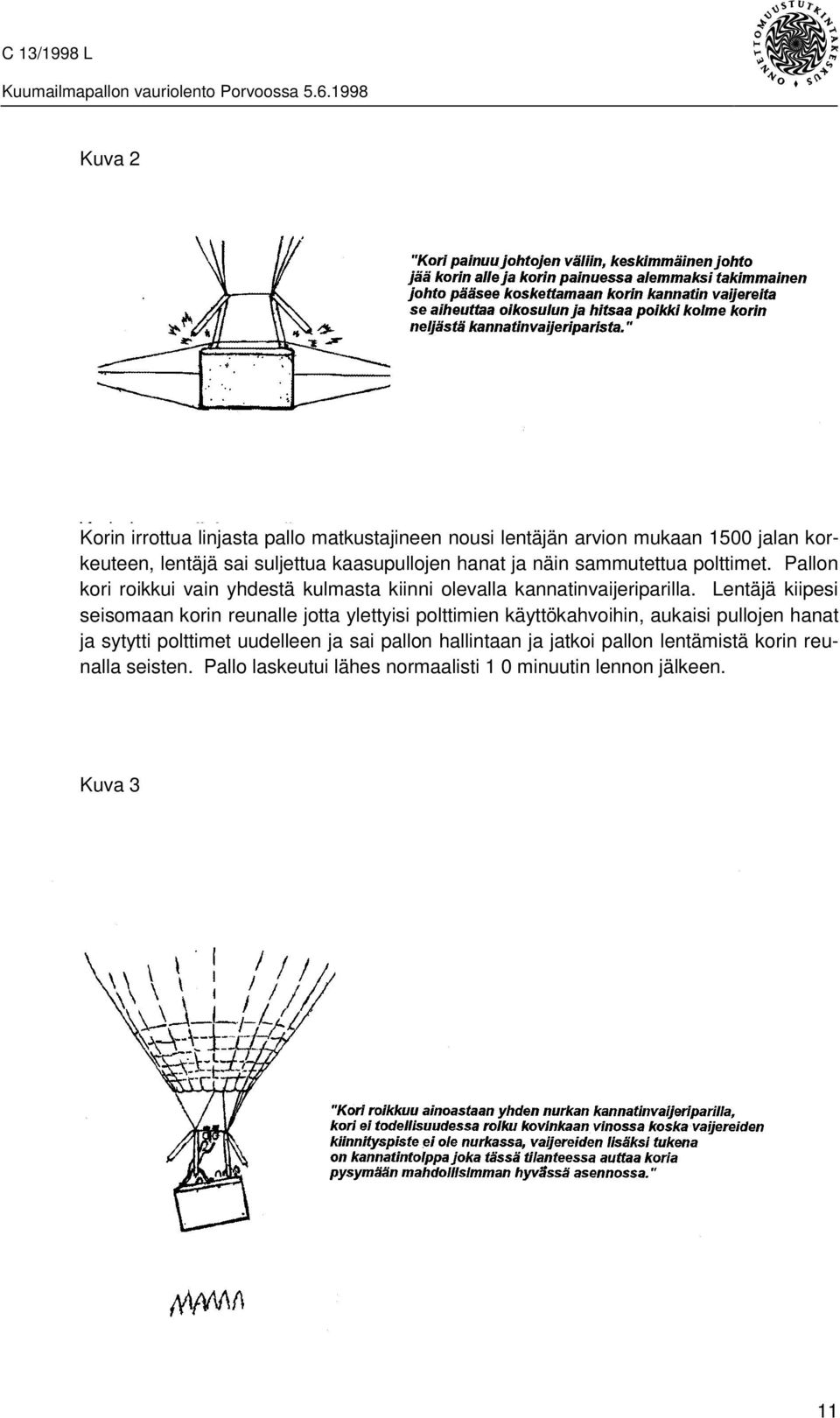 Lentäjä kiipesi seisomaan korin reunalle jotta ylettyisi polttimien käyttökahvoihin, aukaisi pullojen hanat ja sytytti polttimet