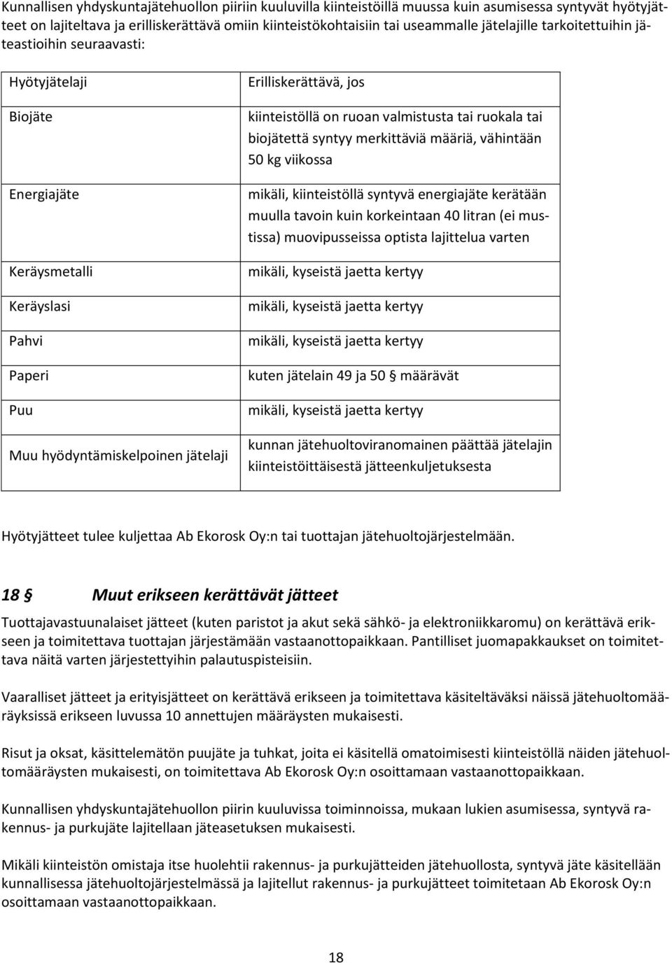 kiinteistöllä on ruoan valmistusta tai ruokala tai biojätettä syntyy merkittäviä määriä, vähintään 50 kg viikossa mikäli, kiinteistöllä syntyvä energiajäte kerätään muulla tavoin kuin korkeintaan 40