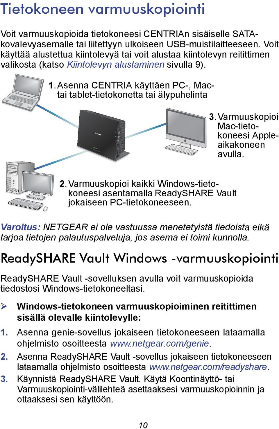 Asenna CENTRIA käyttäen PC-, Mactai tablet-tietokonetta tai älypuhelinta 3.Varmuuskopioi Mac-tietokoneesi Appleaikakoneen avulla. 2.