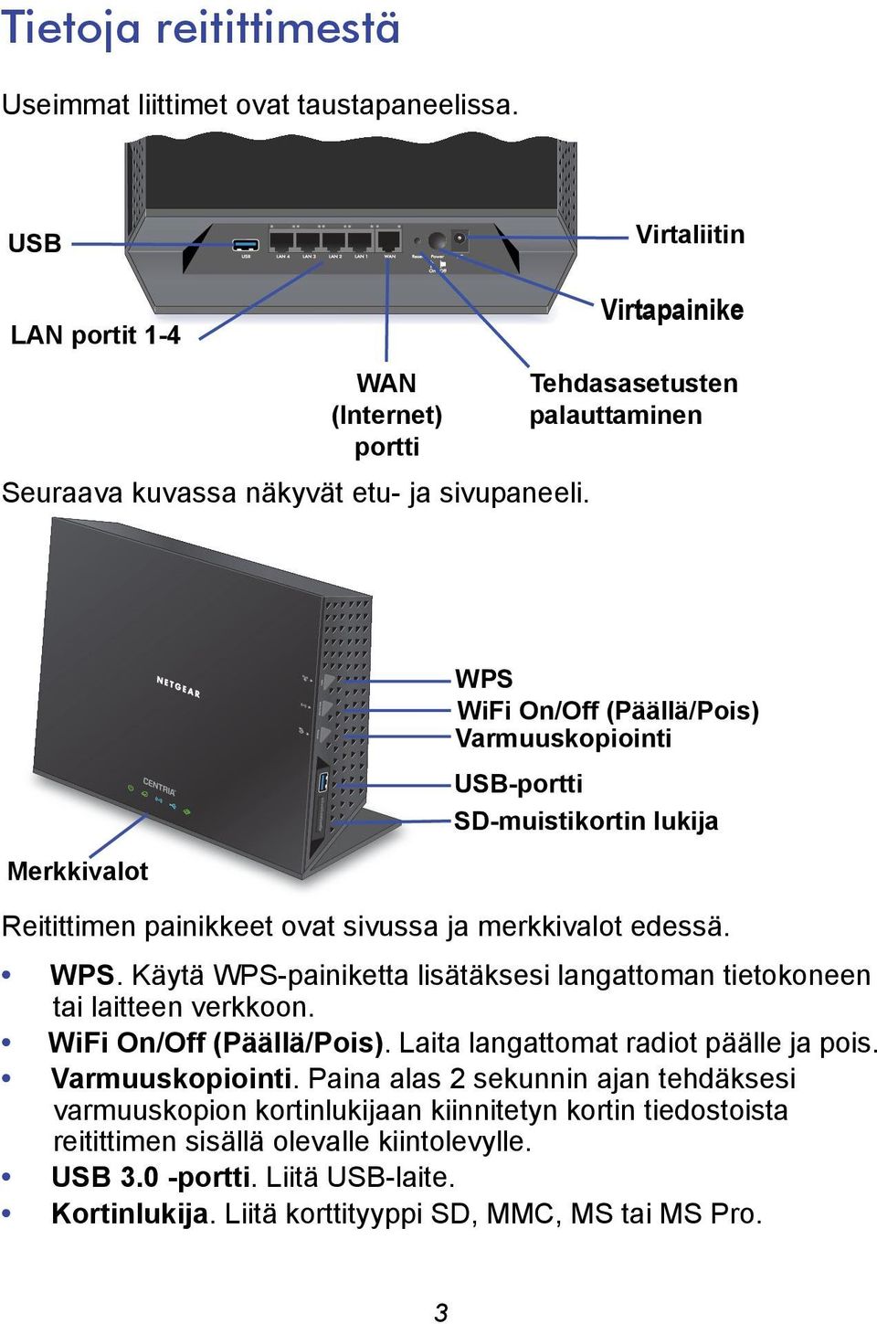 edessä. WPS. Käytä WPS-painiketta lisätäksesi langattoman tietokoneen tai laitteen verkkoon. WiFi On/Off (Päällä/Pois). Laita langattomat radiot päälle ja pois. Varmuuskopiointi.