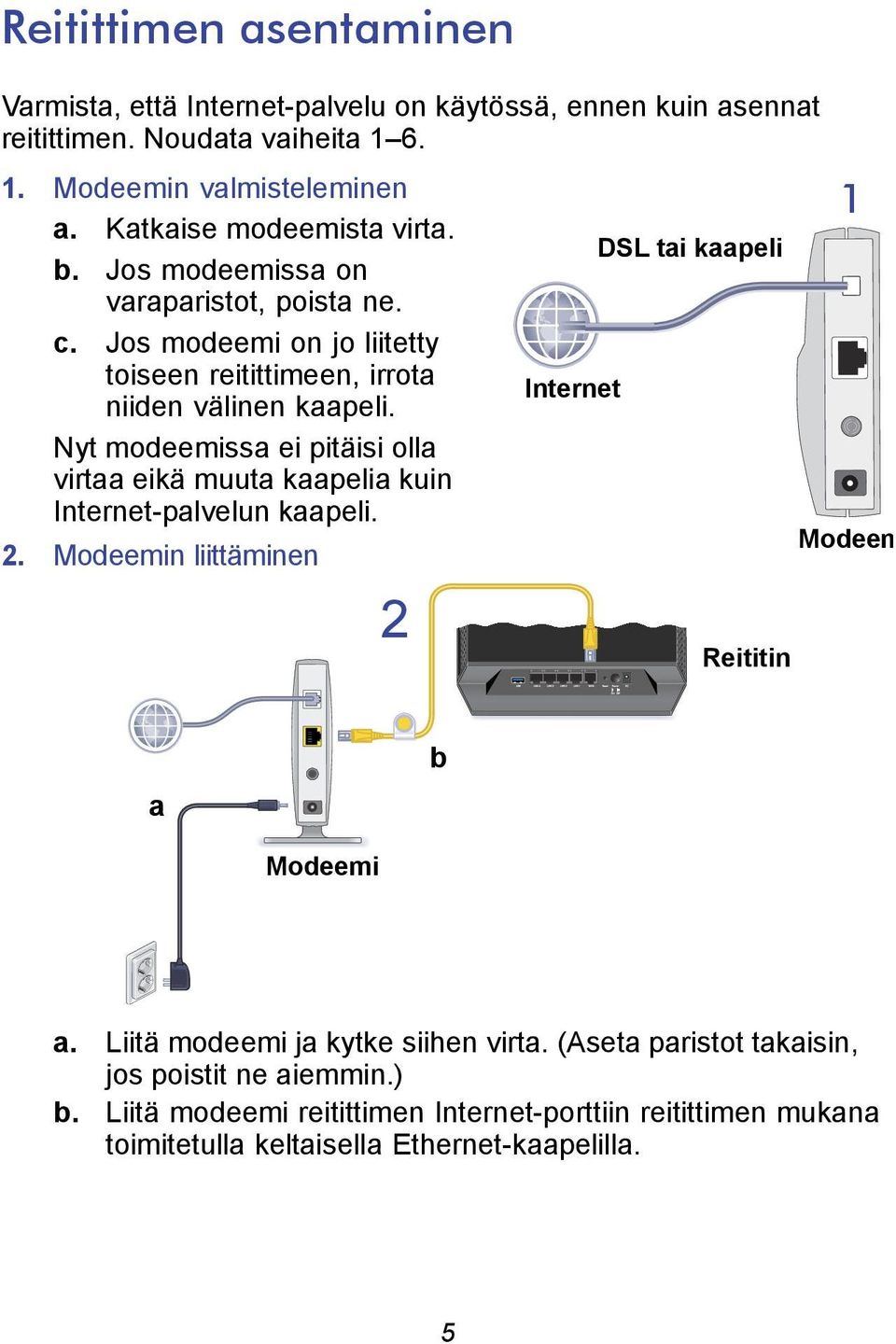 Jos modeemi on jo liitetty toiseen reitittimeen, irrota Internet niiden välinen kaapeli.