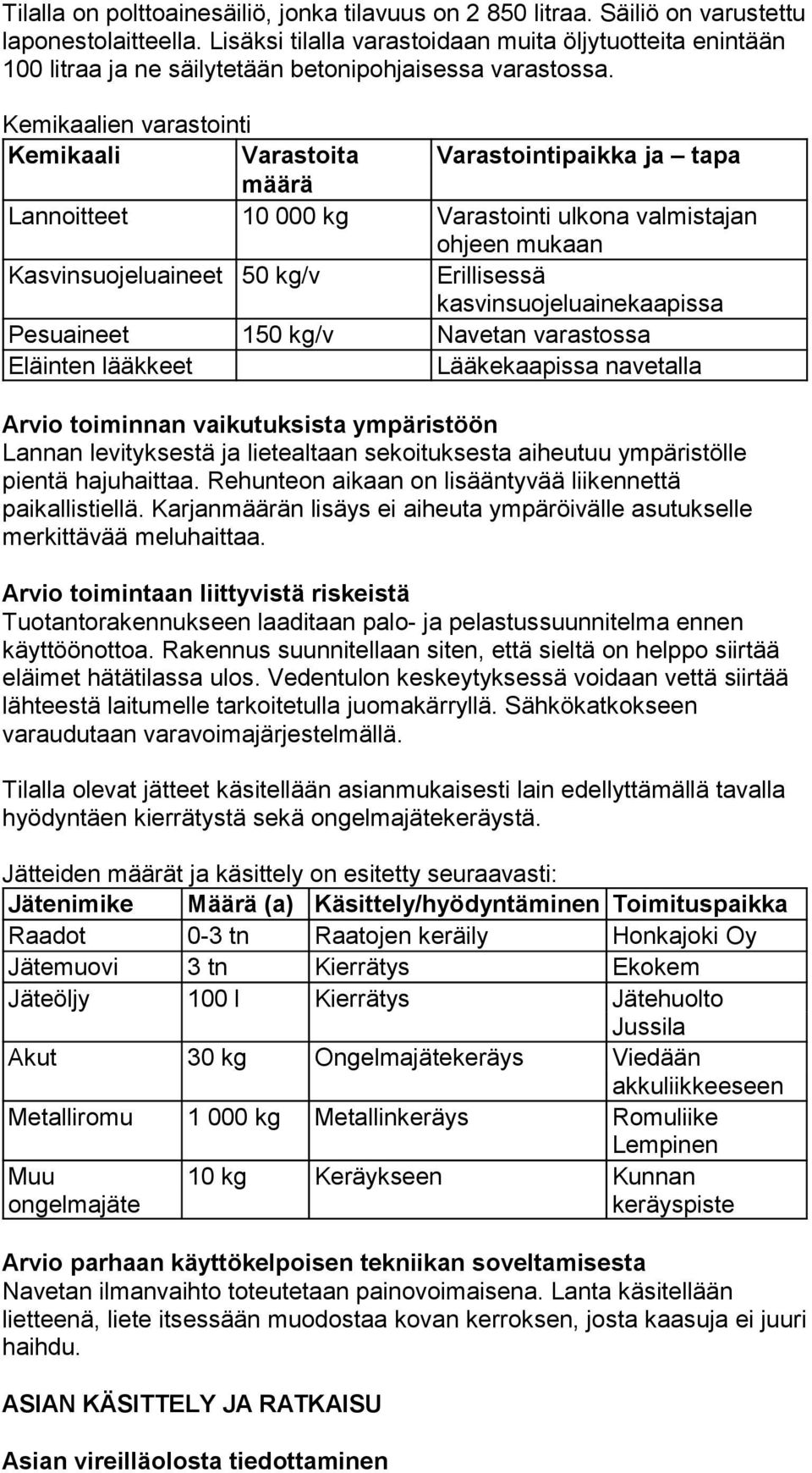 Kemikaalien varastointi Kemikaali Varastoita Varastointipaikka ja tapa määrä Lannoitteet 10 000 kg Varastointi ulkona valmistajan ohjeen mukaan Kasvinsuojeluaineet 50 kg/v Erillisessä