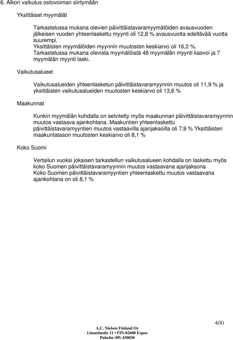 Vaikutusalueet Maakunnat Koko Suomi Vaikutusalueiden yhteenlasketun päivittäistavaramyynnin muutos oli 11,9 % ja yksittäisten vaikutusalueiden muutosten keskiarvo oli 13,6 % Kunkin myymälän kohdalla