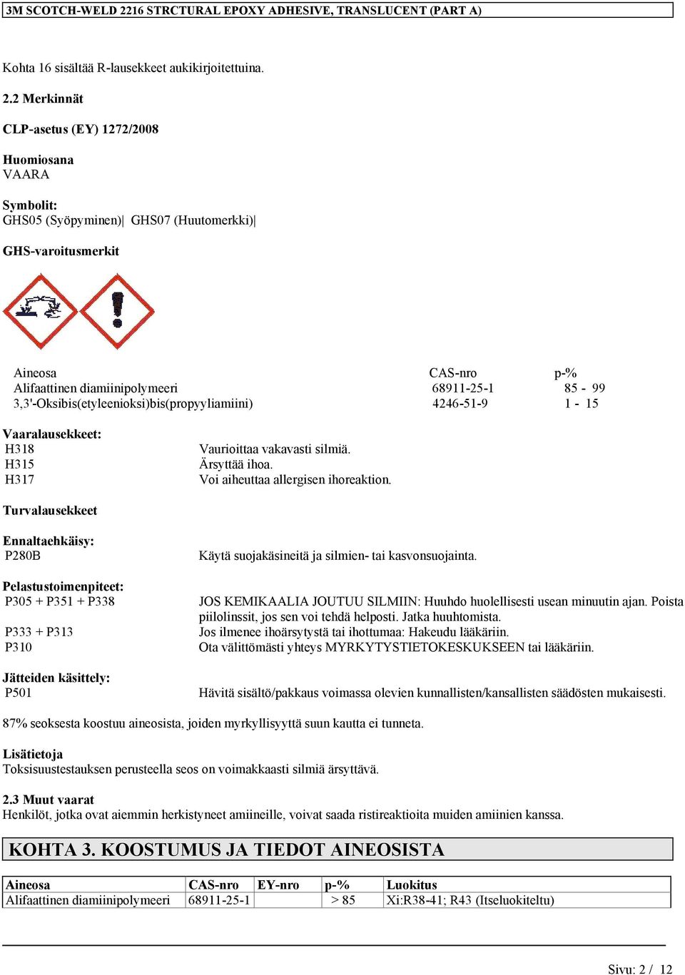 2 Merkinnät CLP-asetus (EY) 1272/2008 Huomiosana VAARA Symbolit: GHS05 (Syöpyminen) GHS07 (Huutomerkki) GHS-varoitusmerkit Aineosa CAS-nro p-% Alifaattinen diamiinipolymeeri 68911-25-1 85-99