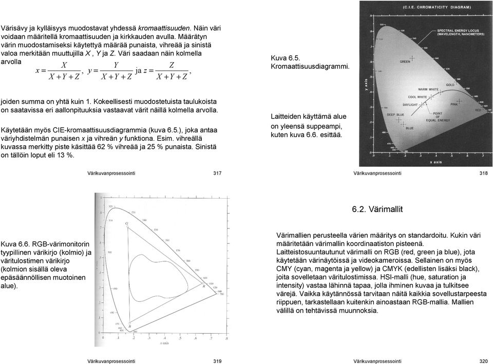 Väri saadaan näin kolmella arvolla X Y Z x =, y = ja z =, X + Y + Z X + Y + Z X + Y + Z Kuva 6.5. Kromaattisuusdiagrammi. joiden summa on yhtä kuin 1.