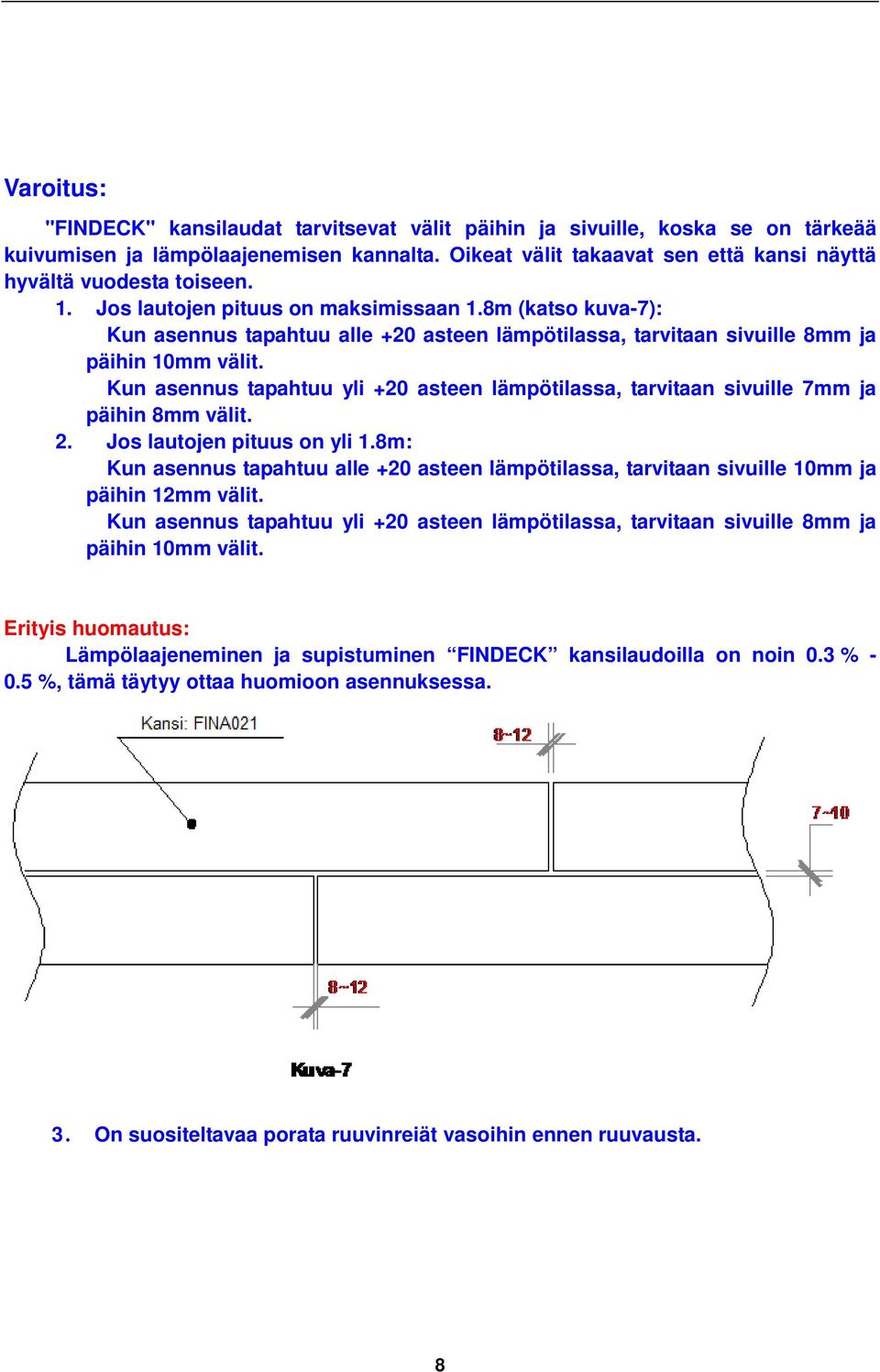 8m (katso kuva-7): Kun asennus tapahtuu alle +20 asteen lämpötilassa, tarvitaan sivuille 8mm ja päihin 10mm välit.