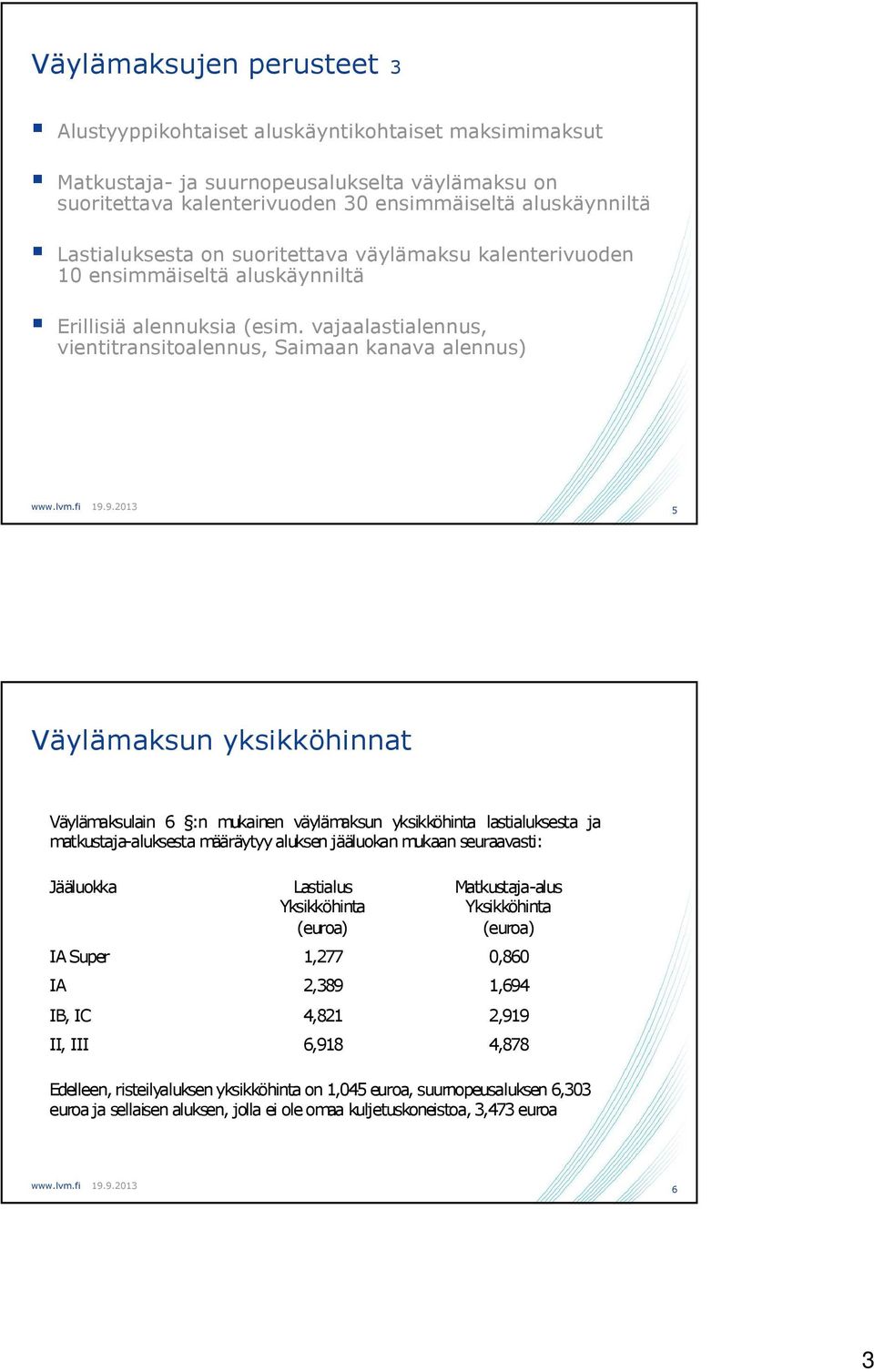 vajaalastialennus, vientitransitoalennus, Saimaan kanava alennus) 5 Väylämaksun yksikköhinnat Väylämaksulain 6 :n mukainen väylämaksun yksikköhinta lastialuksesta ja matkustaja-aluksesta määräytyy