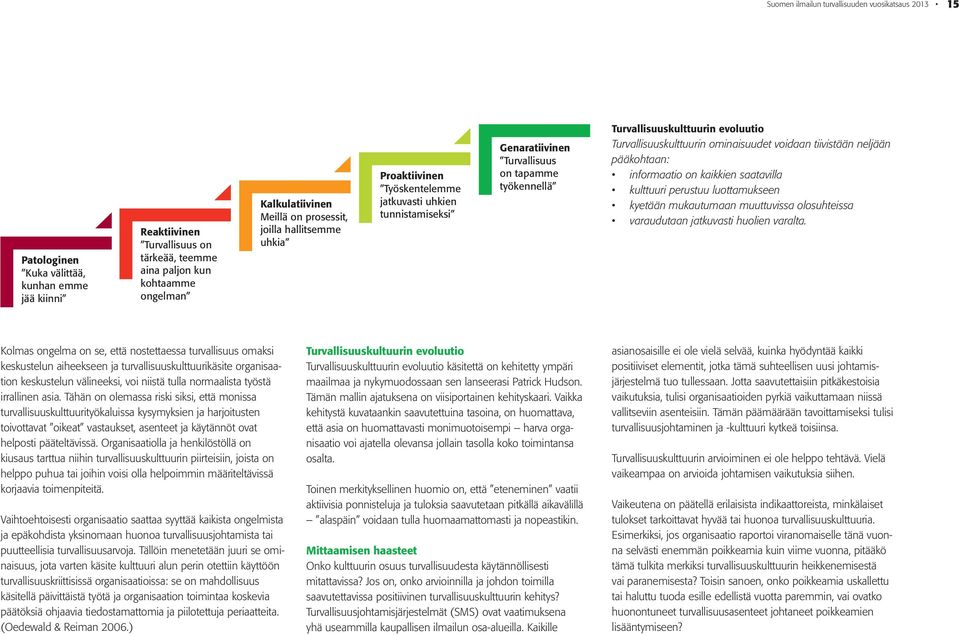 Turvallisuuskulttuurin ominaisuudet voidaan tiivistään neljään pääkohtaan: informaatio on kaikkien saatavilla kulttuuri perustuu luottamukseen kyetään mukautumaan muuttuvissa olosuhteissa varaudutaan