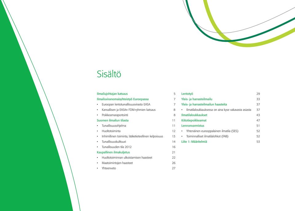 21 Huoltotoiminnan ulkoistamisen haasteet 22 Maatoimintojen haasteet 26 Yhteenveto 27 Lentotyö 29 Yleis- ja harrasteilmailu 33 Yleis- ja harrasteilmailun haasteita 37 Ilmatilaloukkauksessa on