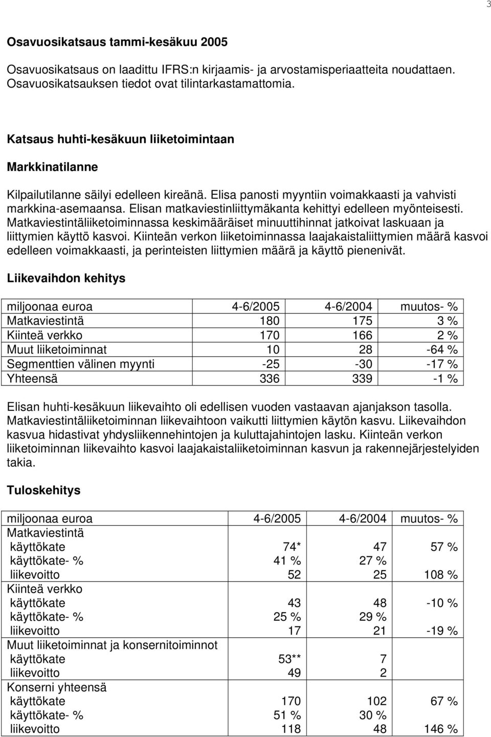 Elisan matkaviestinliittymäkanta kehittyi edelleen myönteisesti. Matkaviestintäliiketoiminnassa keskimääräiset minuuttihinnat jatkoivat laskuaan ja liittymien käyttö kasvoi.