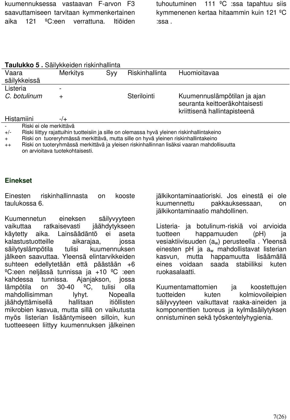 botulinum + Sterilointi Kuumennuslämpötilan ja ajan seuranta keittoeräkohtaisesti kriittisenä hallintapisteenä Histamiini -/+ - Riski ei ole merkittävä +/- Riski liittyy rajattuihin tuotteisiin ja