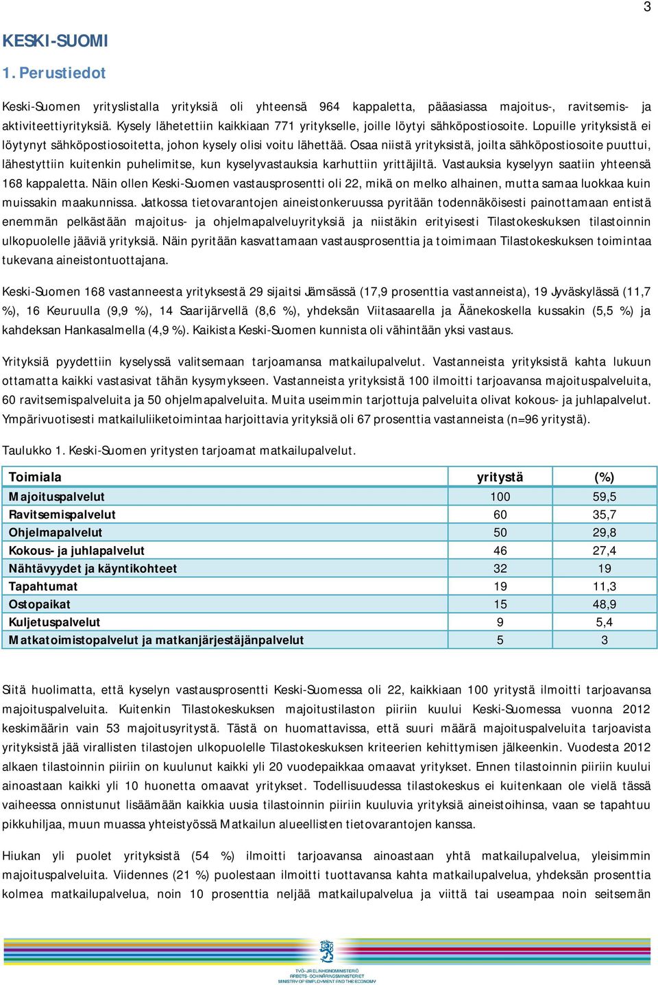 Osaa niistä yrityksistä, joilta sähköpostiosoite puuttui, lähestyttiin kuitenkin puhelimitse, kun kyselyvastauksia karhuttiin yrittäjiltä. Vastauksia kyselyyn saatiin yhteensä 168 kappaletta.