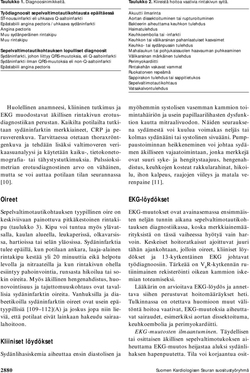 rintakipu Sepelvaltimotautikohtauksen lopulliset diagnoosit Sydäninfarkti, johon liittyy QRS-muutoksia, eli Q-aaltoinfarkti Sydäninfarkti ilman QRS-muutoksia eli non-q-aaltoinfarkti Epästabiili