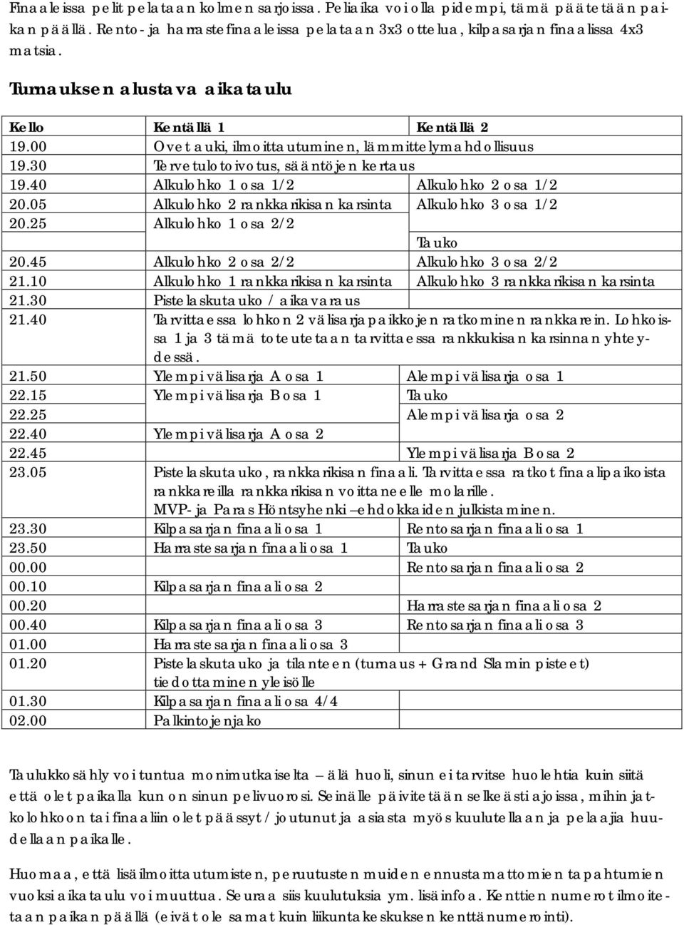 40 Alkulohko 1 osa 1/2 Alkulohko 2 osa 1/2 20.05 Alkulohko 2 rankkarikisan karsinta Alkulohko 3 osa 1/2 20.25 Alkulohko 1 osa 2/2 Tauko 20.45 Alkulohko 2 osa 2/2 Alkulohko 3 osa 2/2 21.