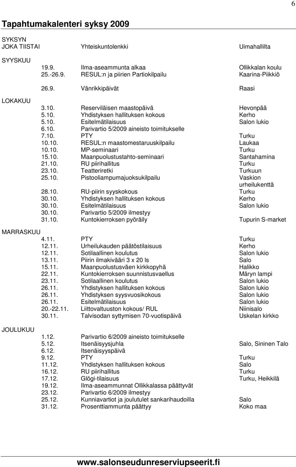 10. PTY Turku 10.10. RESUL:n maastomestaruuskilpailu Laukaa 10.10. MP-seminaari Turku 15.10. Maanpuolustustahto-seminaari Santahamina 21.10. RU piirihallitus Turku 23.10. Teatteriretki Turkuun 25.10. Pistooliampumajuoksukilpailu Vaskion urheilukenttä 28.