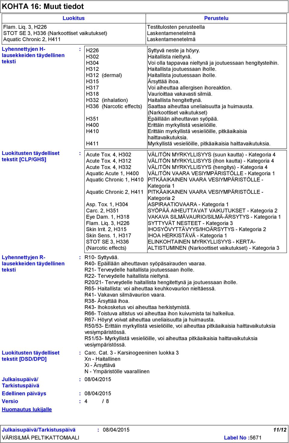 H302 H304 H312 H312 (dermal) H315 H317 H318 H332 (inhalation) H336 (Narcotic effects) H351 H400 H410 H411 Testitulosten perusteella Laskentamenetelmä Laskentamenetelmä R10- Syttyvää.