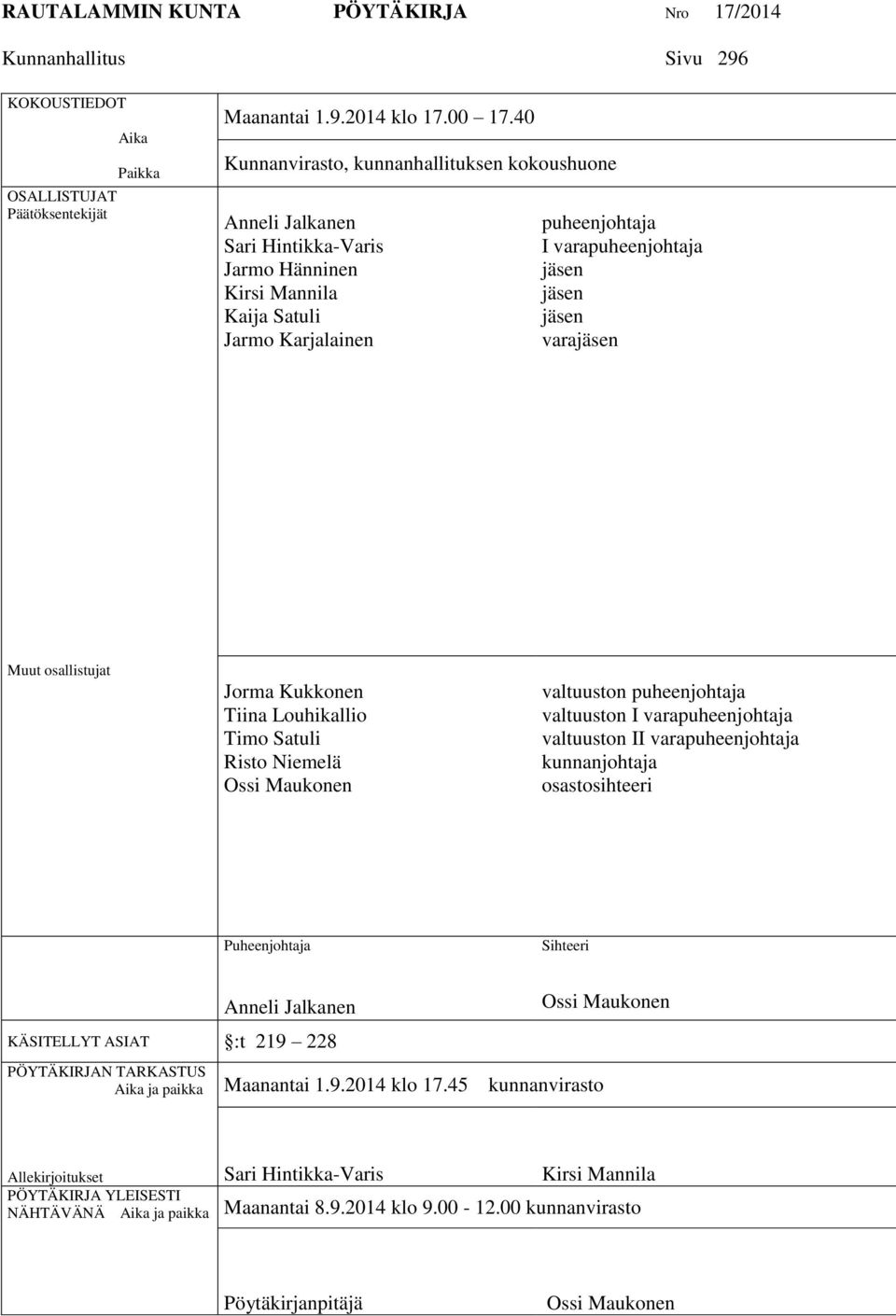varajäsen Muut osallistujat Jorma Kukkonen Tiina Louhikallio Timo Satuli Risto Niemelä Ossi Maukonen valtuuston puheenjohtaja valtuuston I varapuheenjohtaja valtuuston II varapuheenjohtaja