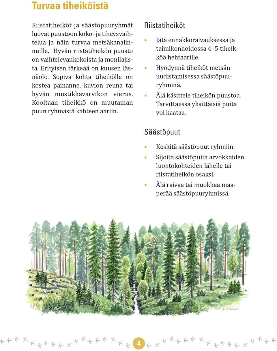 Riistatiheiköt Jätä ennakkoraivauksessa ja taimikonhoidossa 4 5 tiheikköä hehtaarille. Hyödynnä tiheiköt metsän uudistamisessa säästöpuuryhminä. Älä käsittele tiheikön puustoa.