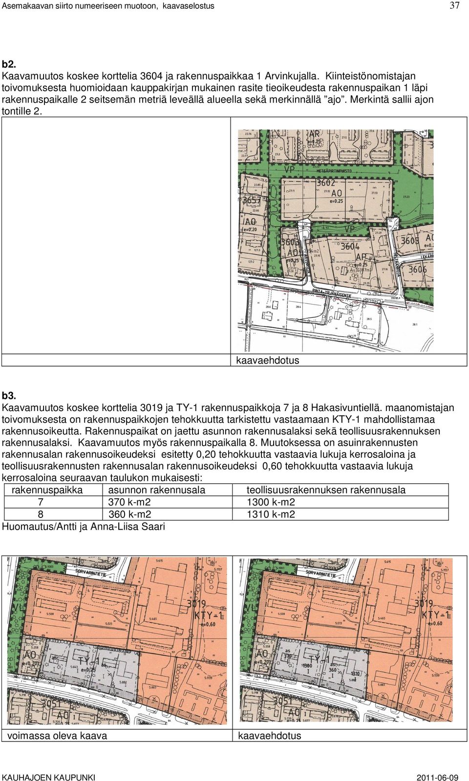 Merkintä sallii ajon tontille 2. b3. Kaavamuutos koskee korttelia 3019 ja TY-1 rakennuspaikkoja 7 ja 8 Hakasivuntiellä.