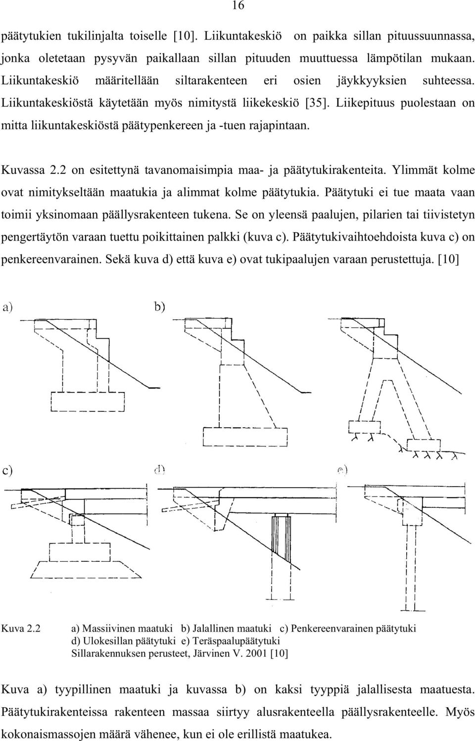 Liikepituus puolestaan on mitta liikuntakeskiöstä päätypenkereen ja -tuen rajapintaan. Kuvassa 2.2 on esitettynä tavanomaisimpia maa- ja päätytukirakenteita.