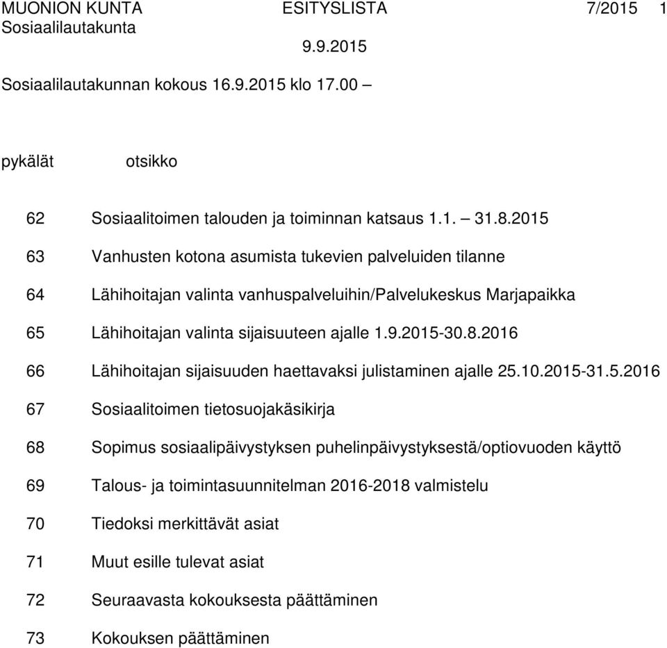 2015-30.8.2016 66 Lähihoitajan sijaisuuden haettavaksi julistaminen ajalle 25.10.2015-31.5.2016 67 Sosiaalitoimen tietosuojakäsikirja 68 Sopimus sosiaalipäivystyksen