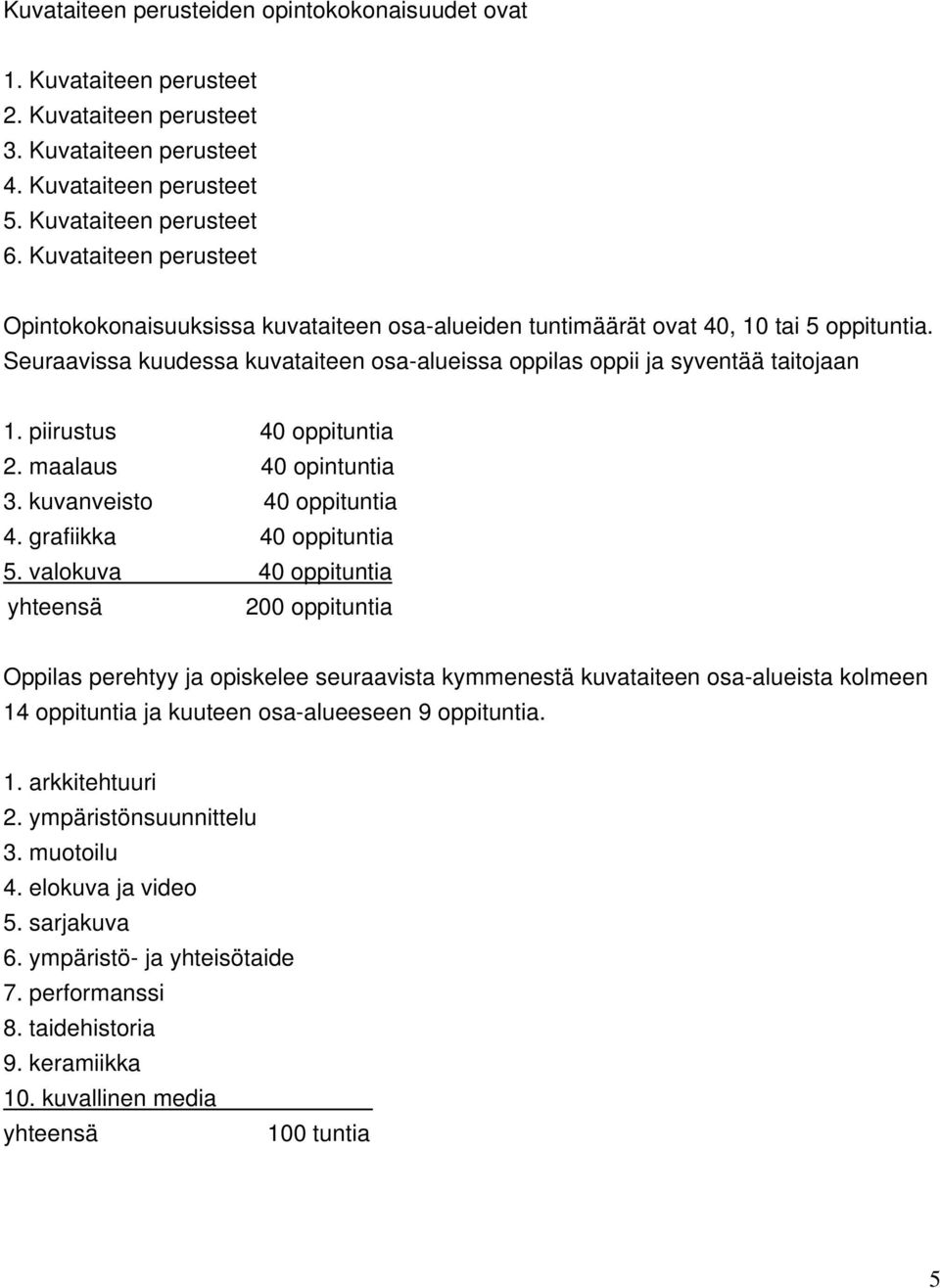 piirustus 40 oppituntia 2. maalaus 40 opintuntia 3. kuvanveisto 40 oppituntia 4. grafiikka 40 oppituntia 5.