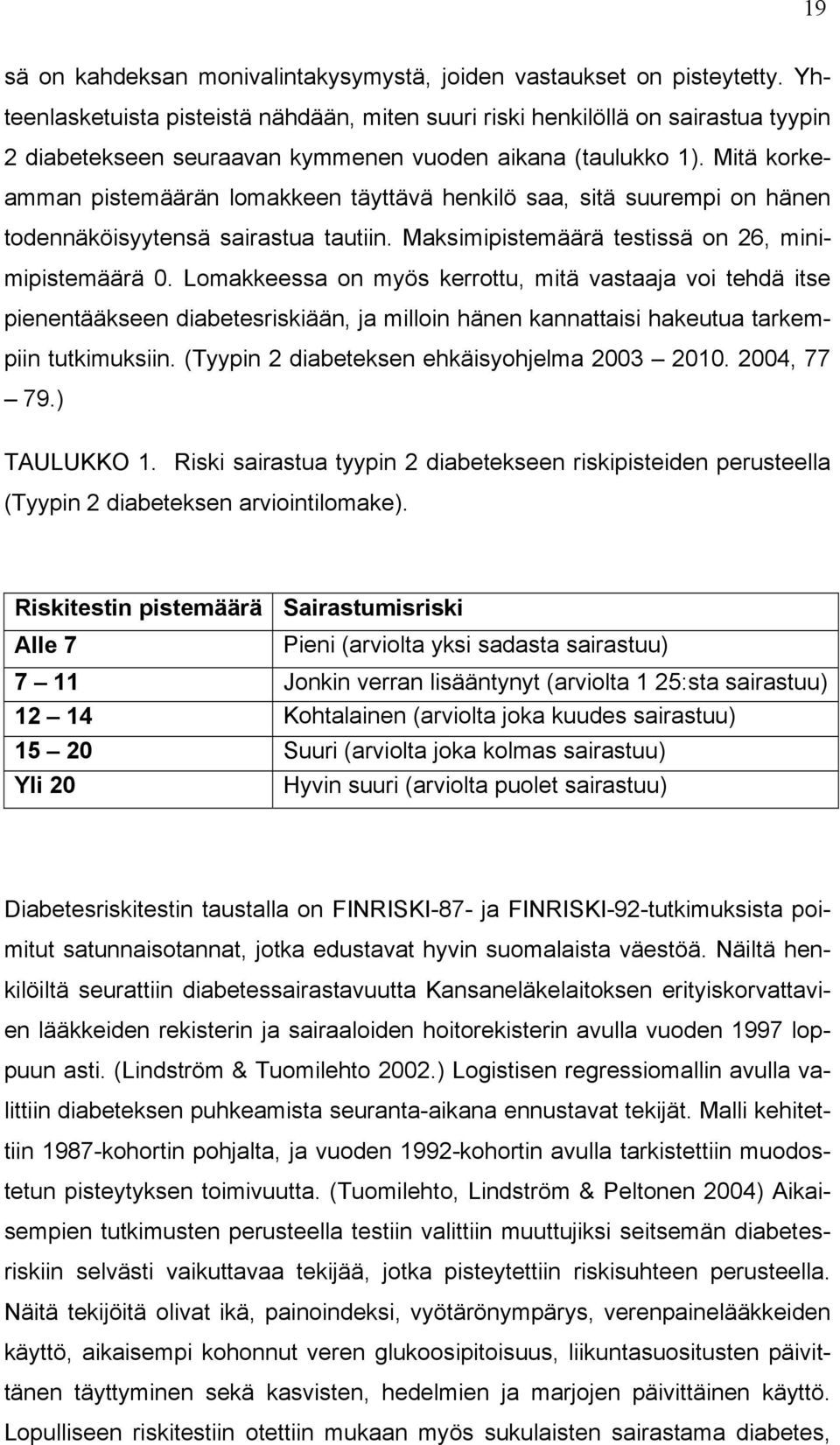 Mitä korkeamman pistemäärän lomakkeen täyttävä henkilö saa, sitä suurempi on hänen todennäköisyytensä sairastua tautiin. Maksimipistemäärä testissä on 26, minimipistemäärä 0.