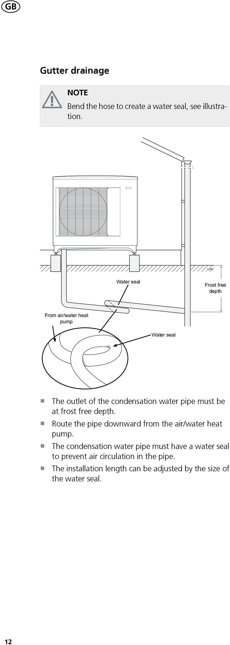 water pipe must be at frost free depth. Route the pipe downward from the air/water heat pump.