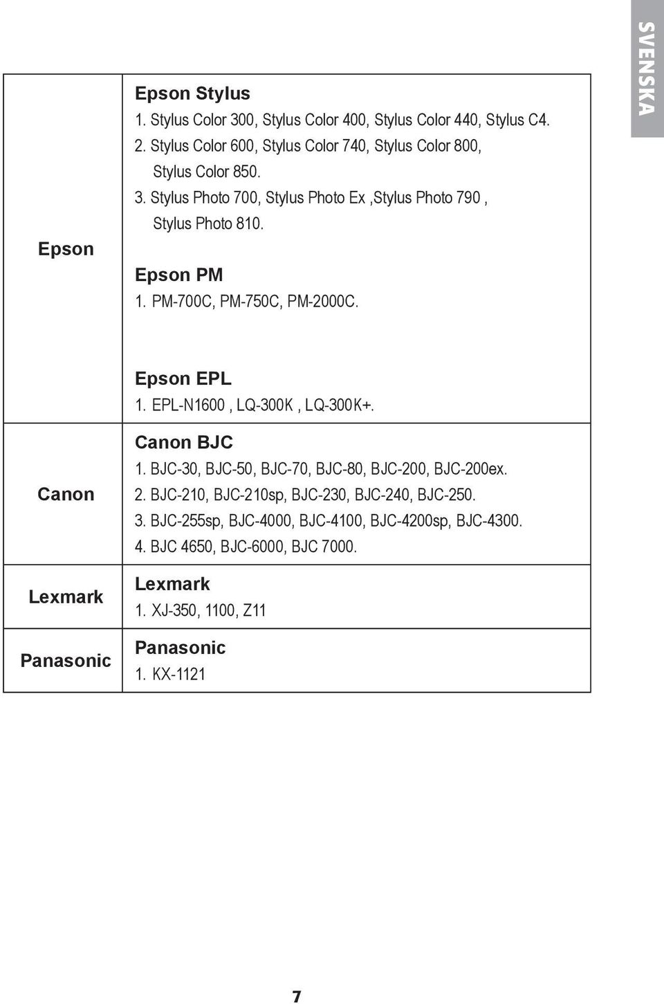Epson PM 1. PM-700C, PM-750C, PM-2000C. SVENSKA Canon Lexmark Panasonic Epson EPL 1. EPL-N1600, LQ-300K, LQ-300K+. Canon BJC 1.