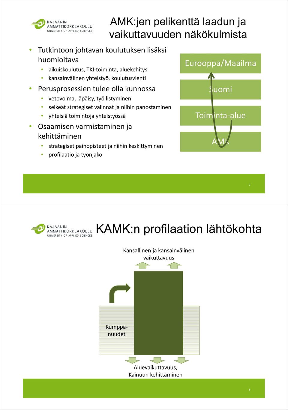 panostaminen yhteisiä toimintoja yhteistyössä Osaamisen varmistaminen ja kehittäminen strategiset painopisteet ja niihin keskittyminen profilaatio ja