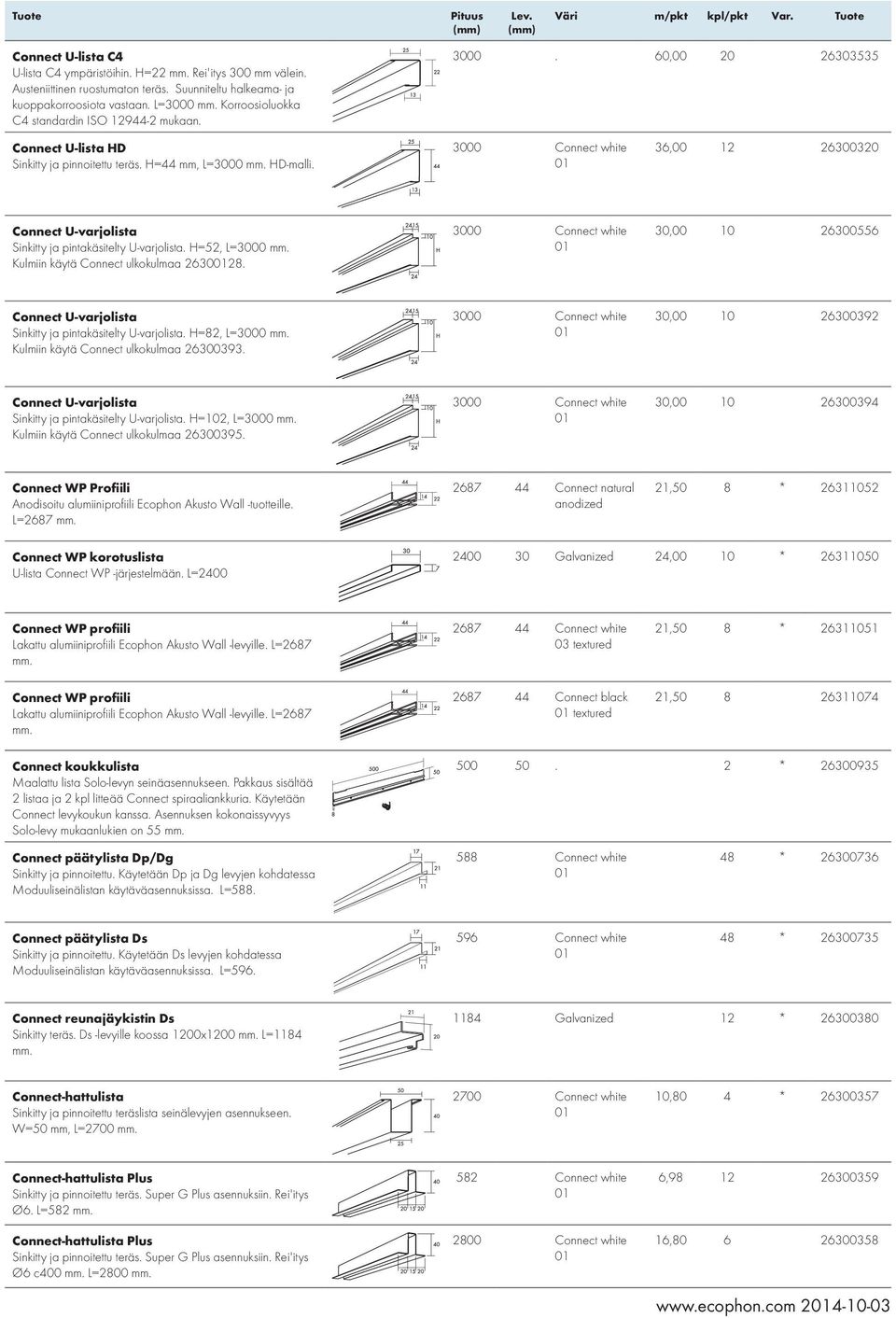 H=52, L=3000 Kulmiin käytä Connect ulkokulmaa 263028. 30,00 10 26300556 Connect U-varjolista Sinkitty ja pintakäsitelty U-varjolista. H=82, L=3000 Kulmiin käytä Connect ulkokulmaa 26300393.