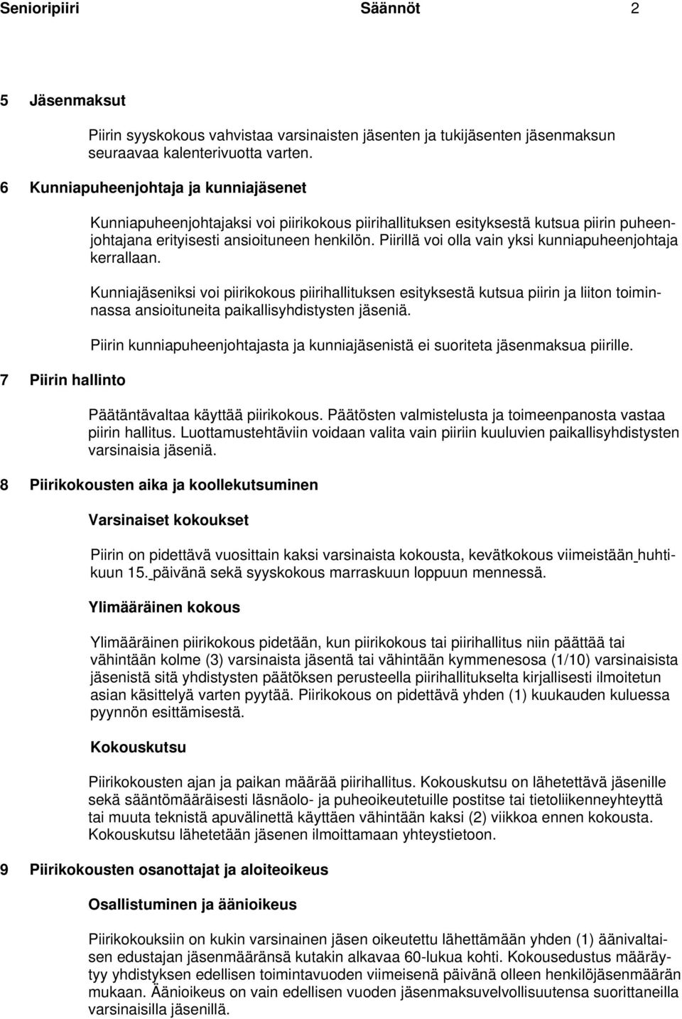 Piirillä voi olla vain yksi kunniapuheenjohtaja kerrallaan. Kunniajäseniksi voi piirikokous piirihallituksen esityksestä kutsua piirin ja liiton toiminnassa ansioituneita paikallisyhdistysten jäseniä.