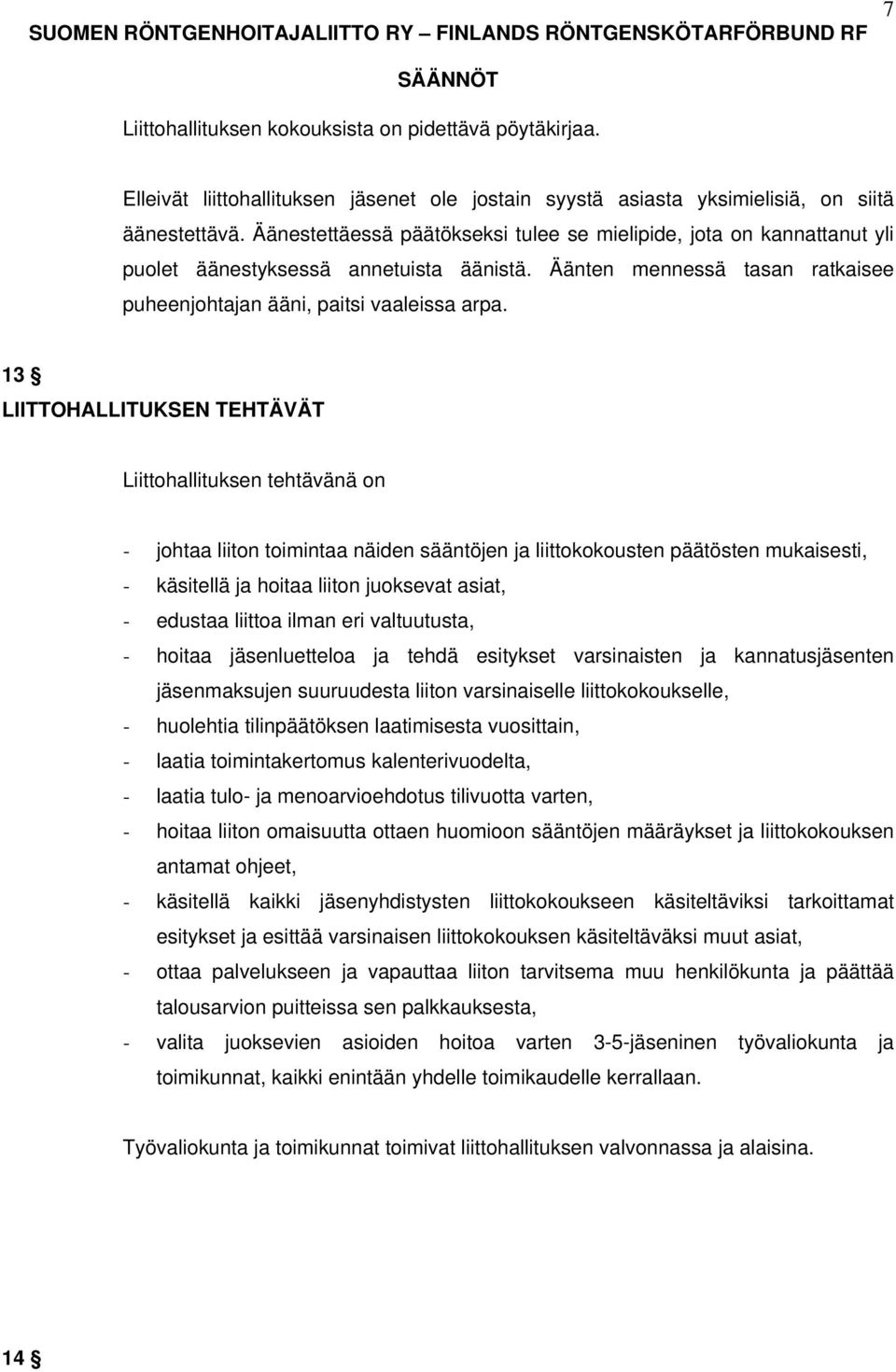 13 LIITTOHALLITUKSEN TEHTÄVÄT Liittohallituksen tehtävänä on - johtaa liiton toimintaa näiden sääntöjen ja liittokokousten päätösten mukaisesti, - käsitellä ja hoitaa liiton juoksevat asiat, -