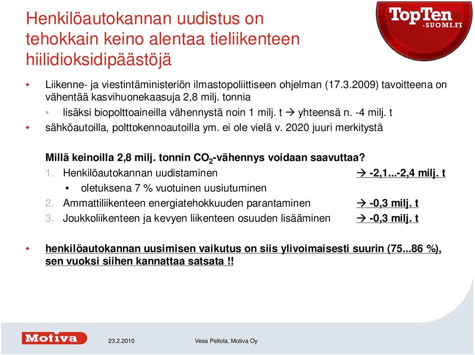 2020 juuri merkitystä Millä keinoilla 2,8 milj. tonnin CO 2 -vähennys voidaan saavuttaa? 1. Henkilöautokannan uudistaminen -2,1...-2,4 milj. t oletuksena 7 % vuotuinen uusiutuminen 2.