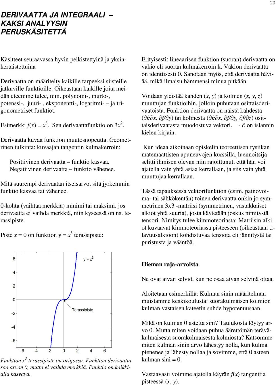 Sen derivaattafunktio on 3x 2. Derivaatta kuvaa funktion muutosnopeutta. Geometrinen tulkinta: kuvaajan tangentin kulmakerroin: Positiivinen derivaatta funktio kasvaa.