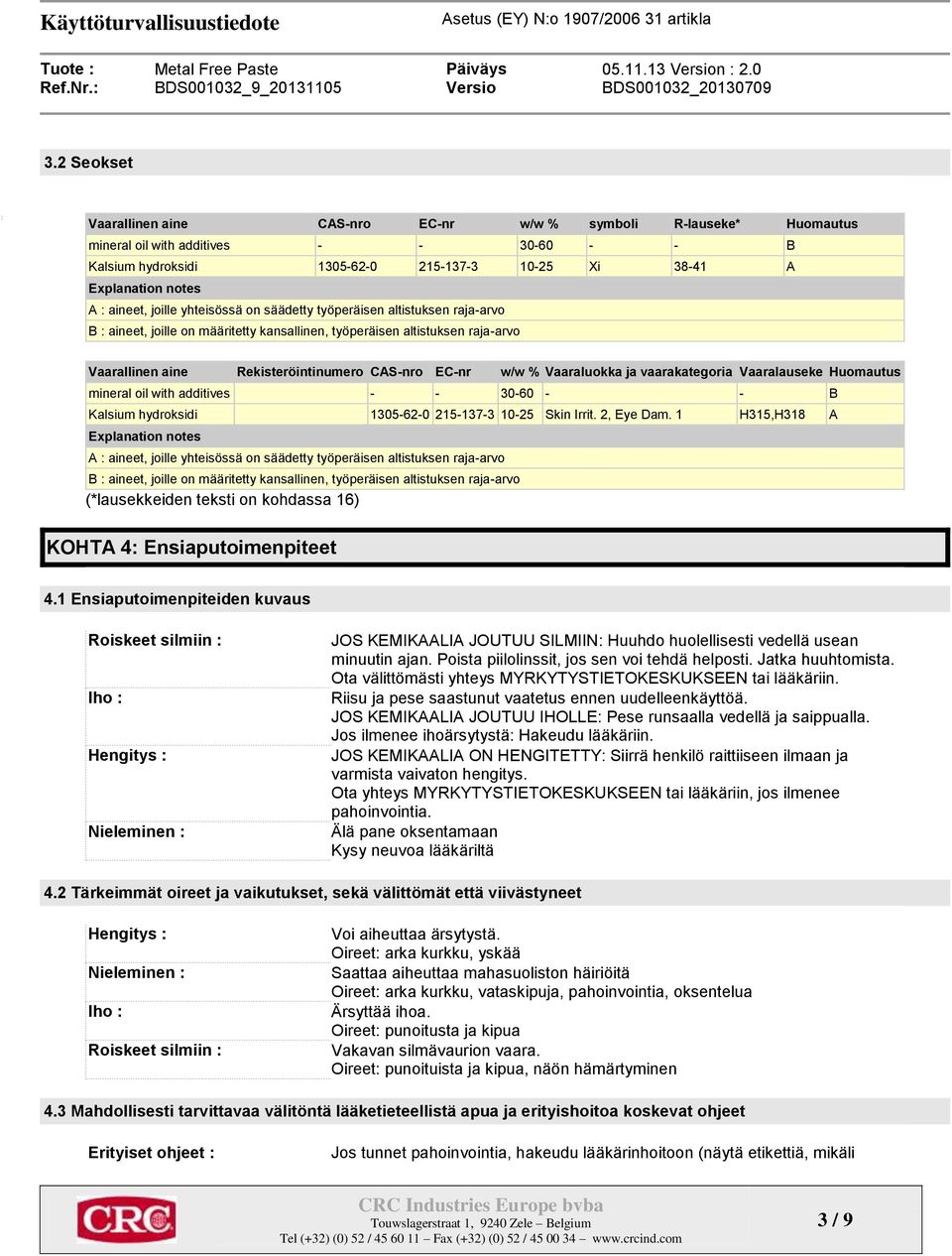 EC-nr w/w % Vaaraluokka ja vaarakategoria Vaaralauseke Huomautus mineral oil with additives - - 30-60 - - B Kalsium hydroksidi 1305-62-0 215-137-3 10-25 Skin Irrit. 2, Eye Dam.