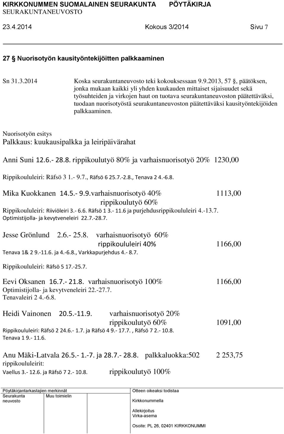 päätettäväksi kausityöntekijöiden palkkaaminen. Nuorisotyön esitys Palkkaus: kuukausipalkka ja leiripäivärahat Anni Suni 12.6.- 28.