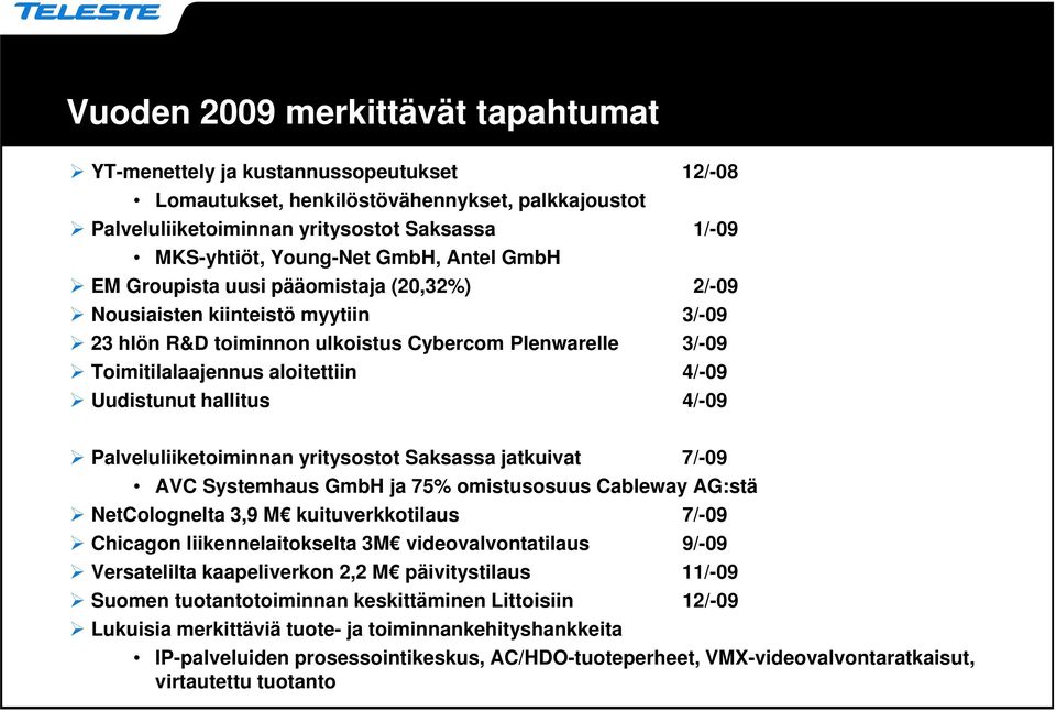 Uudistunut hallitus 4/-09 Palveluliiketoiminnan yritysostot Saksassa jatkuivat 7/-09 AVC Systemhaus GmbH ja 75% omistusosuus Cableway AG:stä NetColognelta 3,9 M kuituverkkotilaus 7/-09 Chicagon