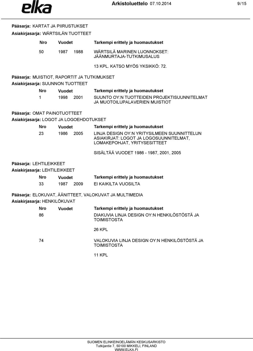 SUUNTO OY:N TUOTTEIDEN PROJEKTISUUNNITELMAT JA MUOTOILUPALAVERIEN MUISTIOT Asiakirjasarja: LEHTILEIKKEET 33 2009 LINJA DESIGN OY:N YRITYSILMEEN SUUNNITTELUN ASIAKIRJAT: LOGOT JA LOGOSUUNNITELMAT,