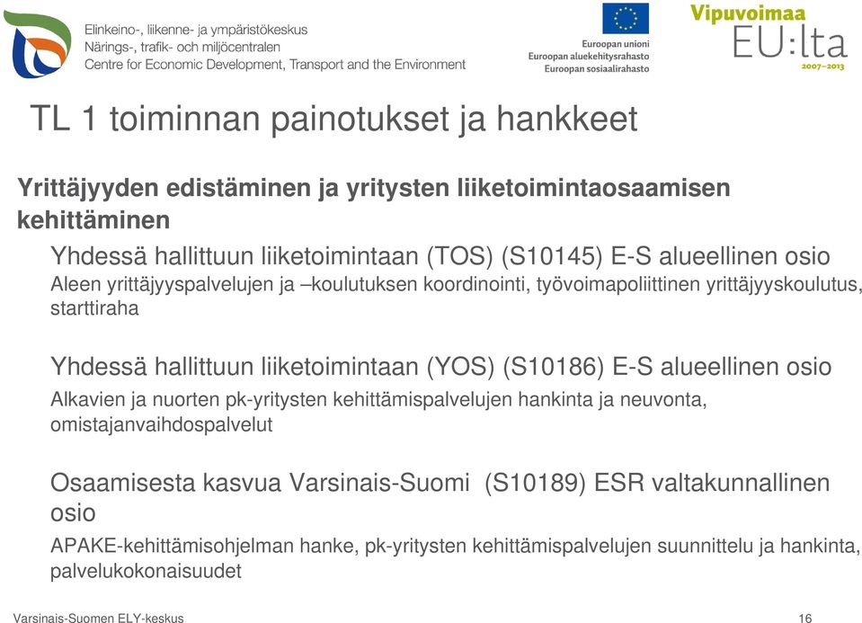(S10186) E-S alueellinen osio Alkavien ja nuorten pk-yritysten kehittämispalvelujen hankinta ja neuvonta, omistajanvaihdospalvelut Osaamisesta kasvua Varsinais-Suomi