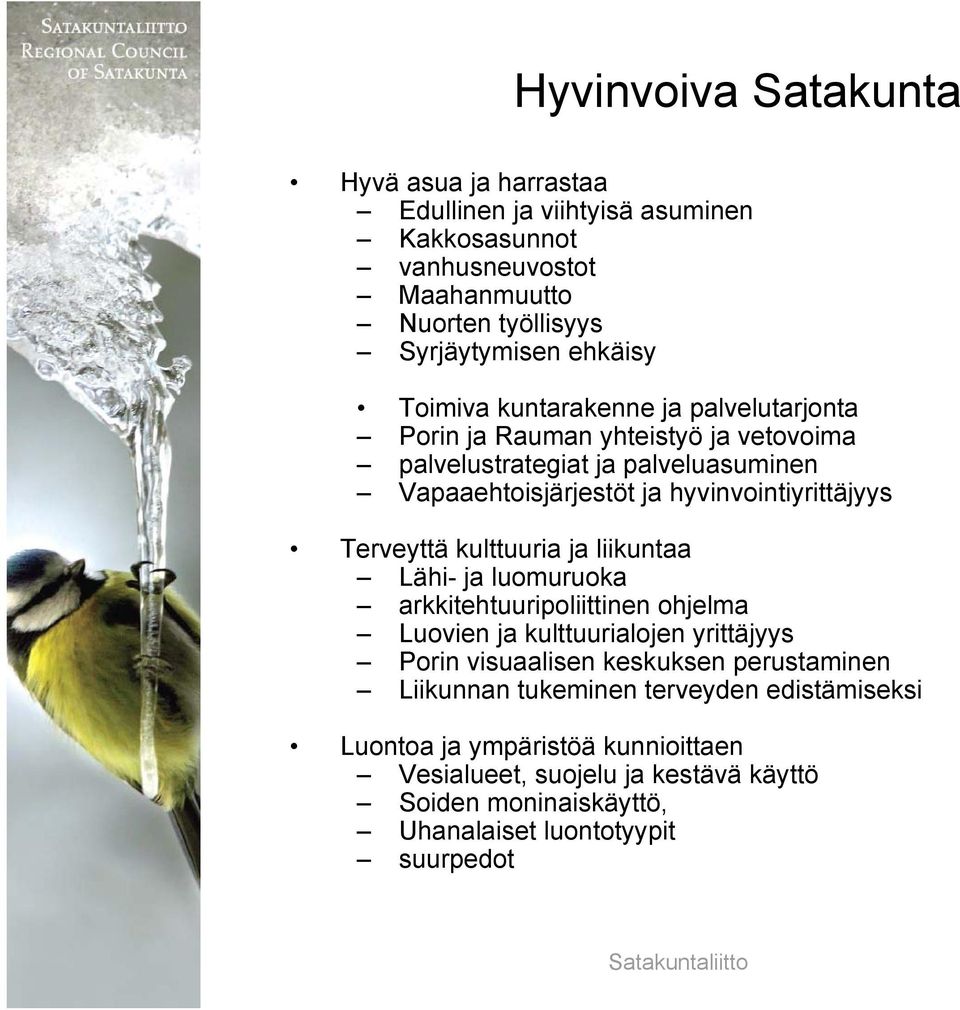 Terveyttä kulttuuria ja liikuntaa Lähi- ja luomuruoka arkkitehtuuripoliittinen ohjelma Luovien ja kulttuurialojen yrittäjyys Porin visuaalisen keskuksen perustaminen